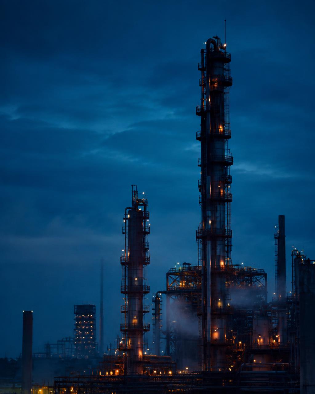 Refinery towers at blue hour