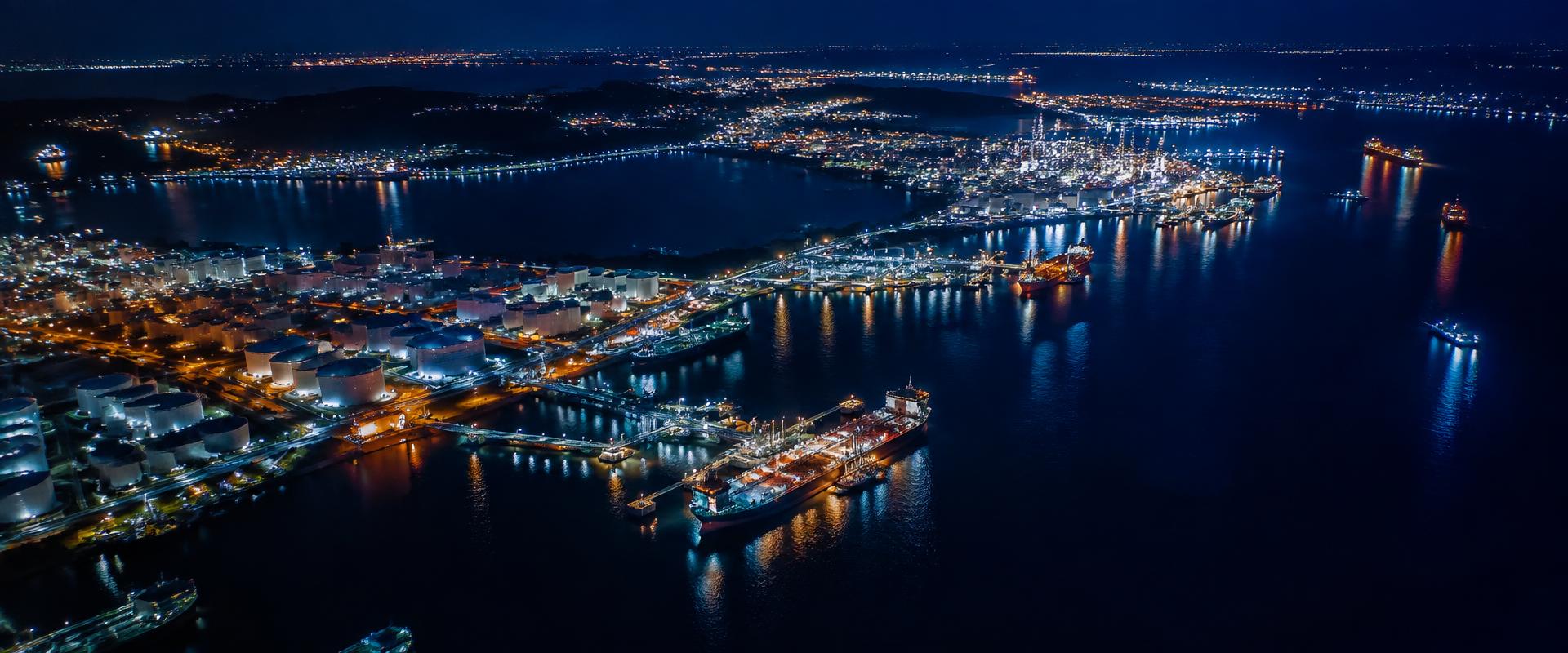 Aerial night view of a coastal energy port