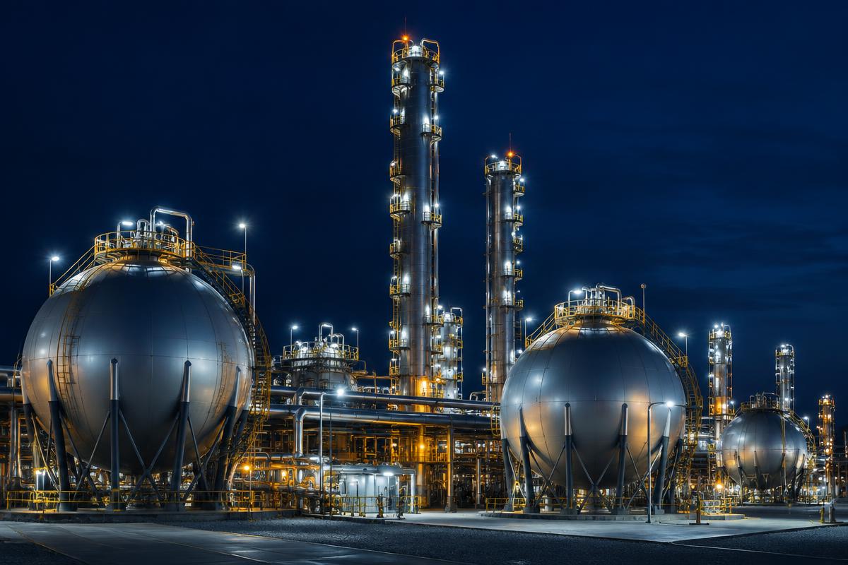 Gas processing plant with spherical vessels at night