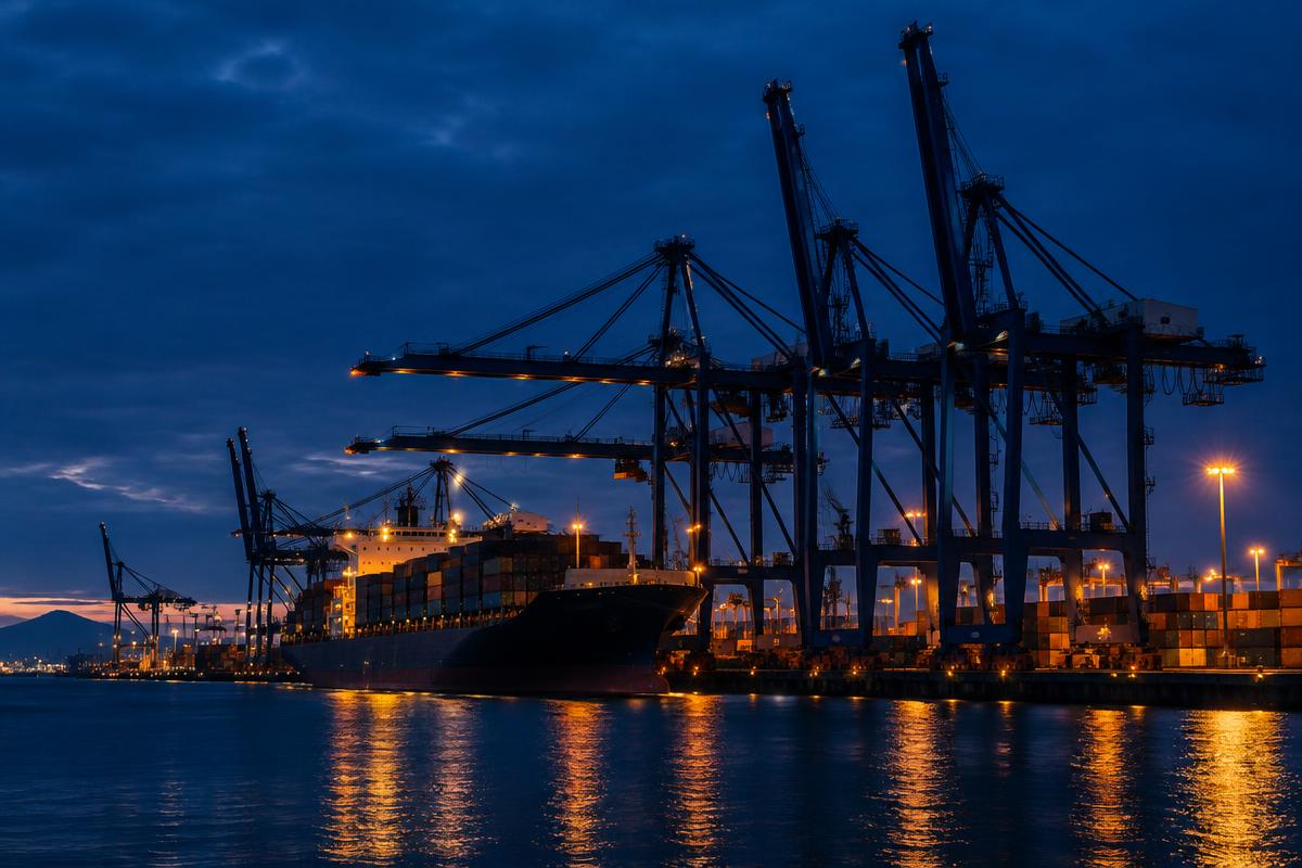 Container port with gantry cranes at dusk
