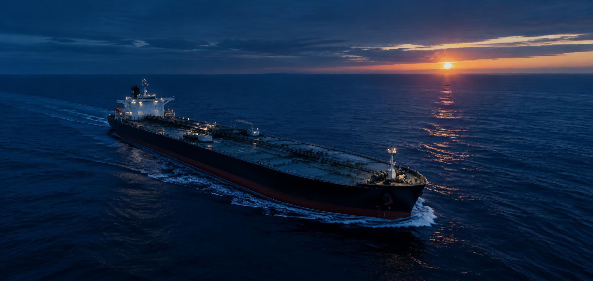 Crude oil tanker crossing open sea at dawn
